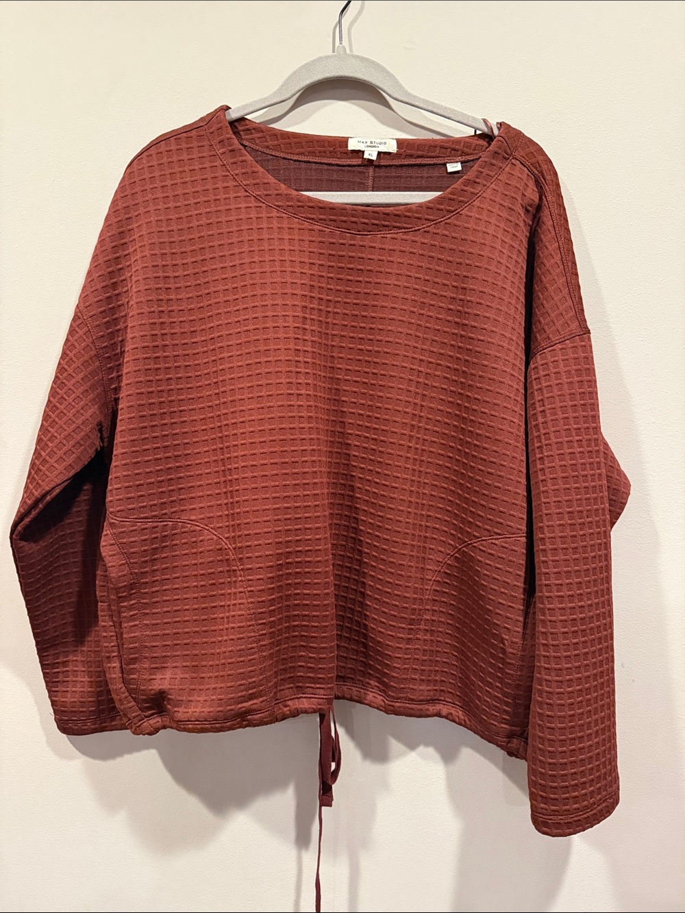 Max Studio Merlot Waffle Drawstring Sweatshirt